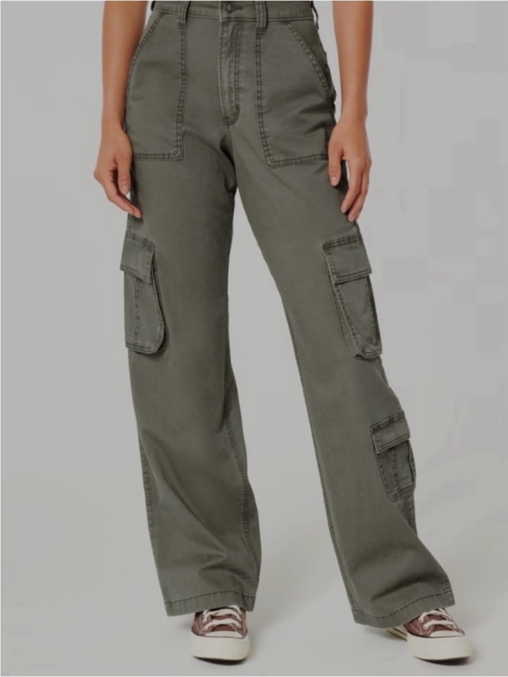 Hollister Women's High Rise Olive Cargo Wide-Leg Jeans
